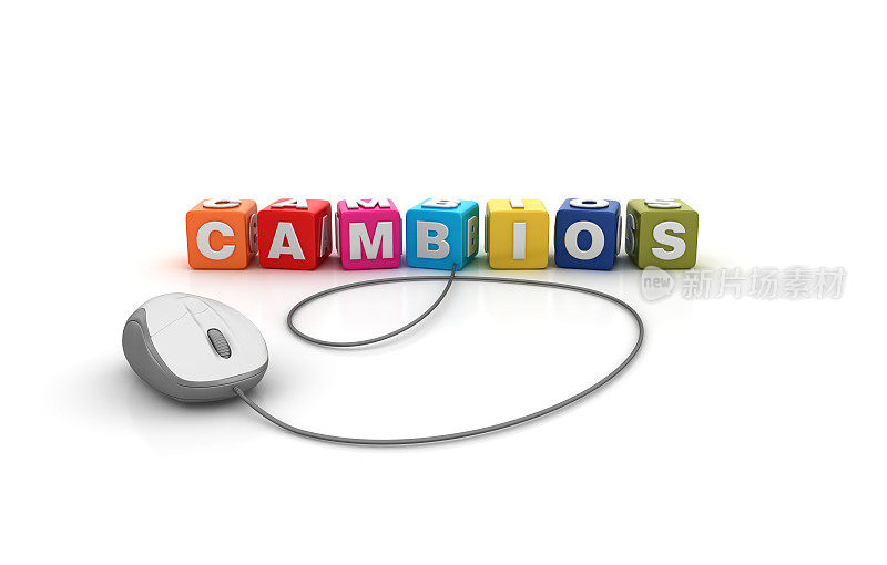 CAMBIOS流行语立方体与计算机鼠标-西班牙语单词- 3D渲染